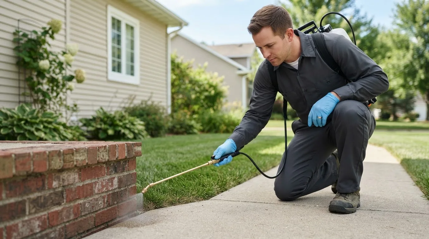 Pest control technician treating a home near Parma, OH